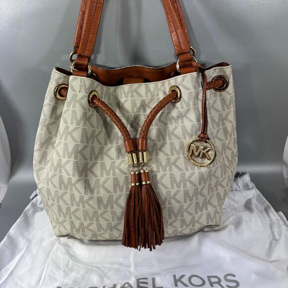 Michael Michael Kors Jet Set Large Logo Leather Gathered Brown Vanilla Tote Bag - Picture 1 of 14